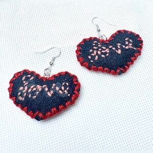Handcrafted Heart  Love Denim Embroidered Earrings Valentines Gift